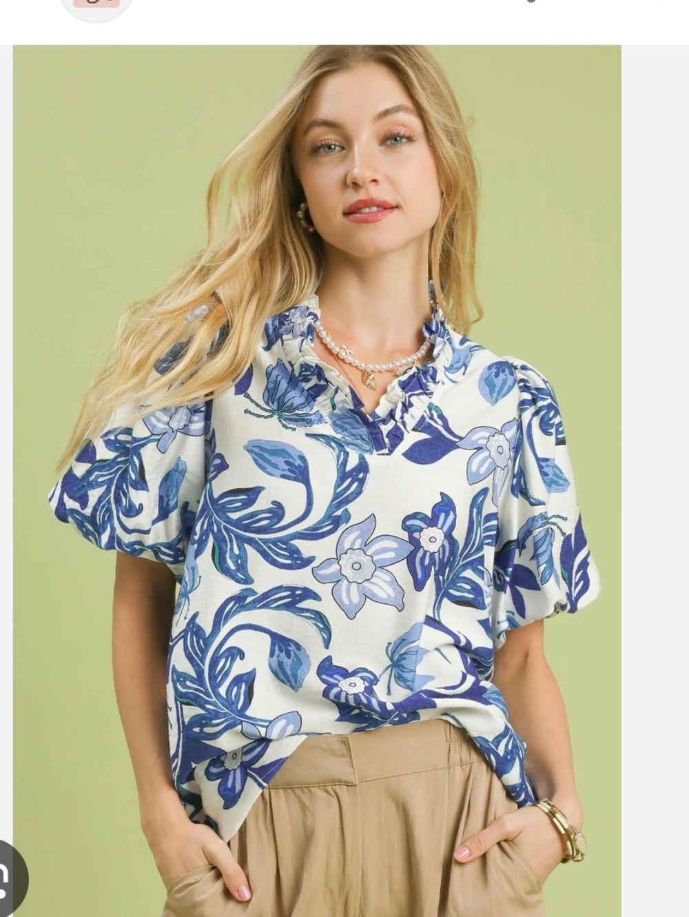 Umgee White Floral Blue Print Short Sleeve Blouse